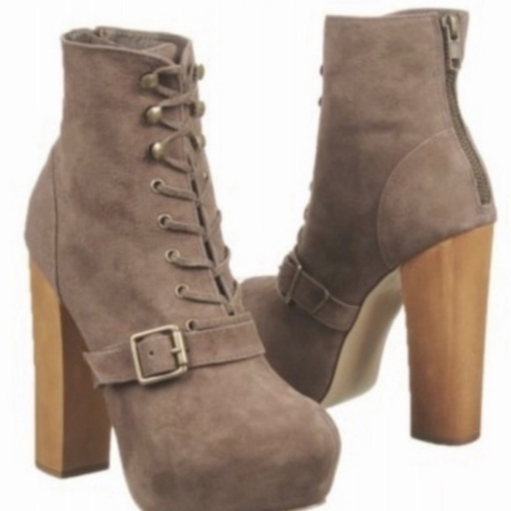 Steve Madden Carnaby Taupe Suede Lace Up Platform Wood Block Heel Size 6.5